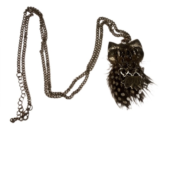 Trendy Statement Silver Bohemian Stylish Owl Eyes Feather Pendant Necklace OS - Picture 2 of 2